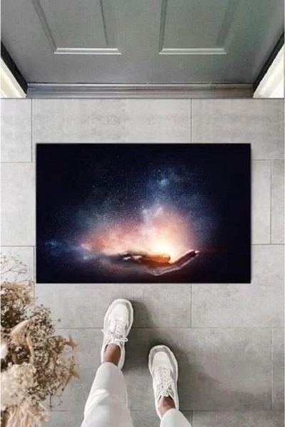 Mu Art Ahşap Digital Galaxy Hand Dark Blue Door Mat Outdoor Door Mat K-2113