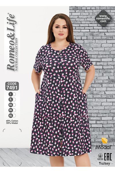 ROMEO LİFE Women's Plus Size Cotton Modal Fabric Pattern Zipper Summer Dress 7491