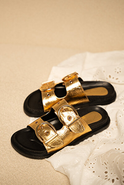 LAMİNTA Craft Women's Gold Buckle Detailed Slippers