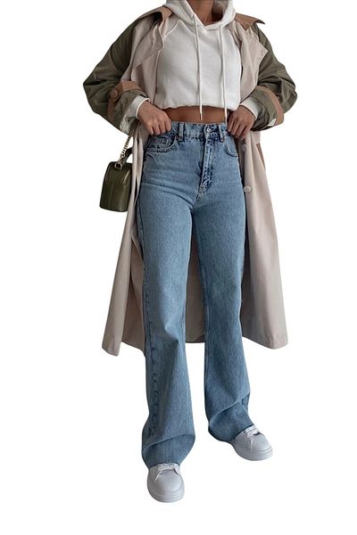 byhaziran butik Colette Women's Blue Snow Wash High Waist Modern Lycra Wide Leg Jeans