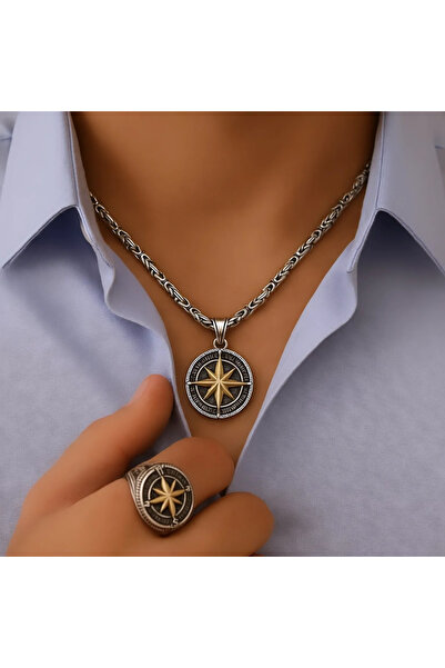 Hİdsilver HİDSİLVER KZBKKLYE Kral Zincir & Bileklik ve Pusula Kolye ucu Kombini