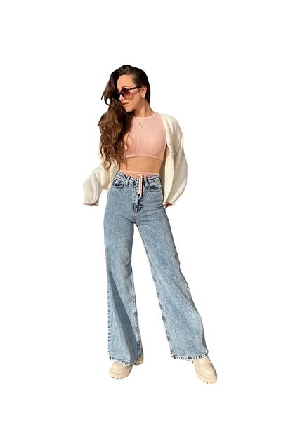 byhaziran butik Emly Women's Blue Snow Washed High Waist Stretchy Denim Fabric Loose Leg Jeans