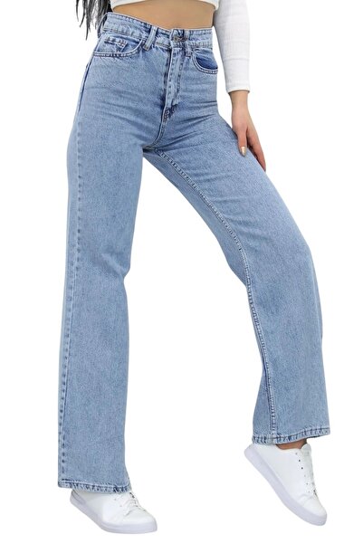 byhaziran butik Asmine Women's Blue Snow Washed High Waist Stretchy Denim Fabric Loose Leg Jeans