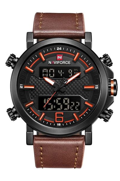 Naviforce Men's Dual Display Chronograph Watch – 46mm Black Dial, Light Brown Leather Strap, Waterproof