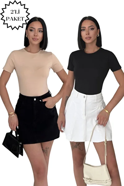 Lunamiratto Crew Neck Short Sleeve Cotton Body Beige-Black Crew Neck Body T-Shirt T-Shirt