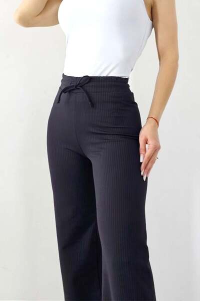 FashionForYou Pantaloni casual JANG, textura cu nervuri si snur in talie, Negru