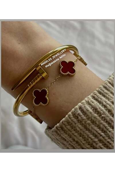 ANGELSS JEWELLERY Double Combination Burgundy Clover Model Bracelet Gold Nail...