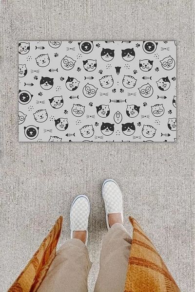 Mu Art Ahşap Digital Printing Decorative Multi Cat Beige Door Mat K-1208