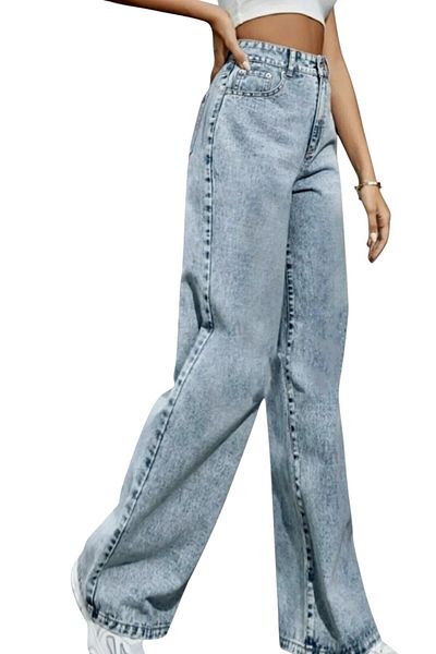 byhaziran butik Nio Women's Blue Snow Wash High Waist Lycra Wide Leg Jeans
