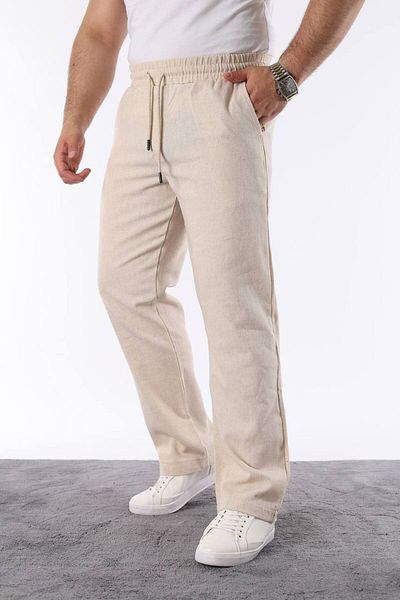 STOCX Men's Beige Color Elastic Waist Relaxed Fit Linen Trousers