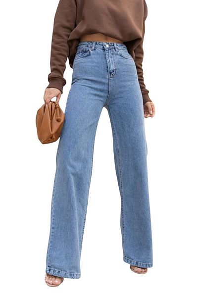 byhaziran butik Lea Young Girl Light Blue Snow Wash High Waist Lycra Comfortable 90's Loose Leg Jeans