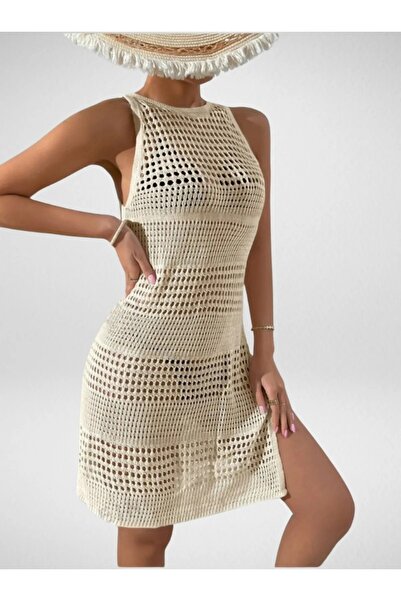 Gülçin Coşkun Διάτρητο μοτίβο με λαιμόκοψη αμάνικο 100% βαμβακερό πλεκτό φόρεμα Pareo-Beach