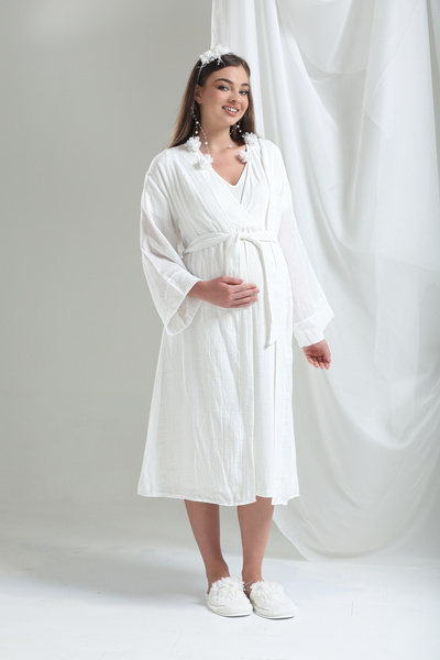 Lohussa Ekru Keten Tasarım %100 Pamuk Yazlık Hamile Lohusa Sabahlık Gecelik Set