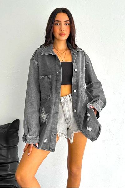 FashionForYou Jachetă lungă din denim Focus, croială tip cămașă, perforații și aplicații artizanale, Gri Antracit, M