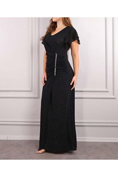 PRETO 962409 Büyük Beden Vyaka Simli Yandan Şerit Taş Detay Uzun Elbise