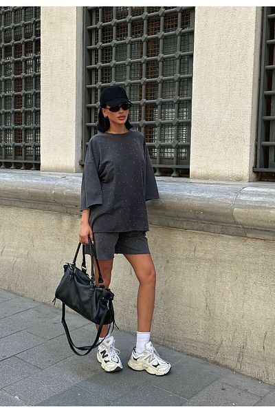 Bliss Set de pantaloni scurți de damă, model Stone, set de vară oversize cu croiala confortabilă