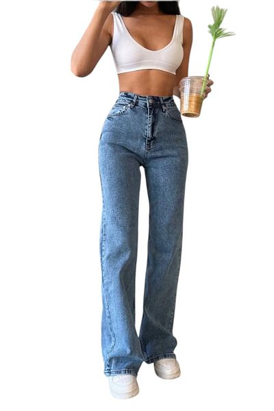 byhaziran butik Arontia Young Girl Blue Wash High Waist Lycra Loose Wide Leg Jeans