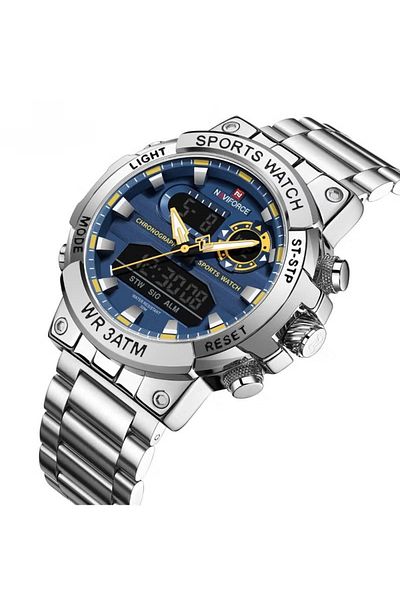 Naviforce Men's Luxury Analog-Digital Chronograph Watch – Blue Dial, Stainless Steel Strap, Sports Design