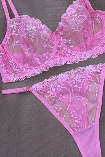 Moldina Σετ σουτιέν με μεγάλο μέγεθος ανοιχτό ροζ σε σκόνη με ραμμένο Πρωτοχρονιάτικο Βαλεντίνο