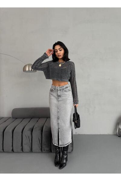 Zeo Basic ЖІНОЧА МАКСИ-СКОРОЧЕНА СУКНЯ З ПЕРЕДНІМ РОЗПОРКОМ, СІРА ДЖИНСОВА СПІДНИЦЯ