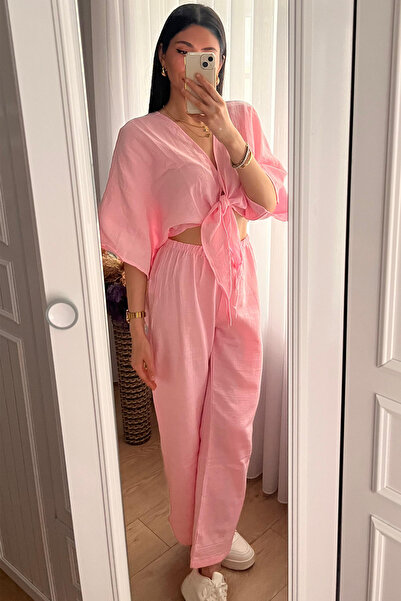 Dolcha Primavera Kadın Pembe Müslin Bağlamalı Bluz & Bol Paça Pantalon Takım ...