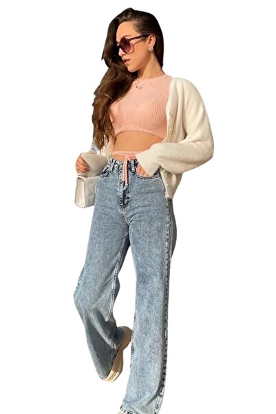 byhaziran butik Emly Women's Blue Snow Washed High Waist Stretchy Denim Fabric Loose Leg Jeans