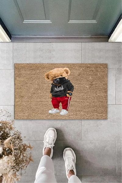 Mu Art Ahşap Decorative Digital Masked Teddy Bear Beige Door Mat Outdoor Mat K-3179