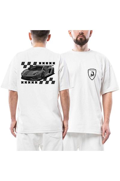 Z zepplin Lamborghini Huracan Μπροστινό Πίσω Τυπωμένο Λευκό Μπλουζάκι Oversize