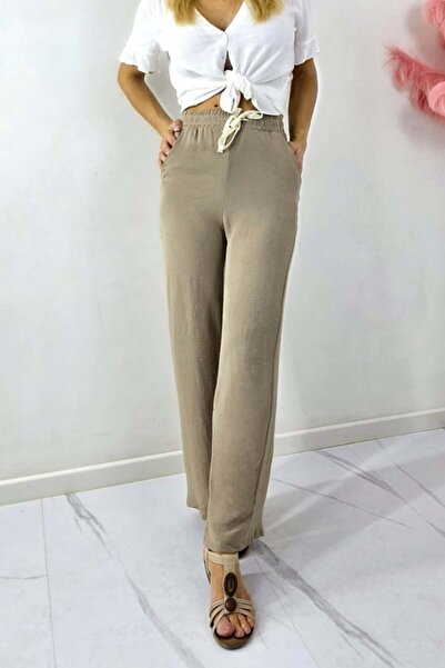 FashionForYou Women's long pants, MERON, with cotton and elastic band, BEIGE, -