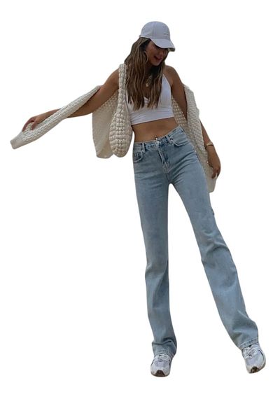 byhaziran butik Lida Women's Blue Snow Wash High Waist Lycra Wide Leg Jeans