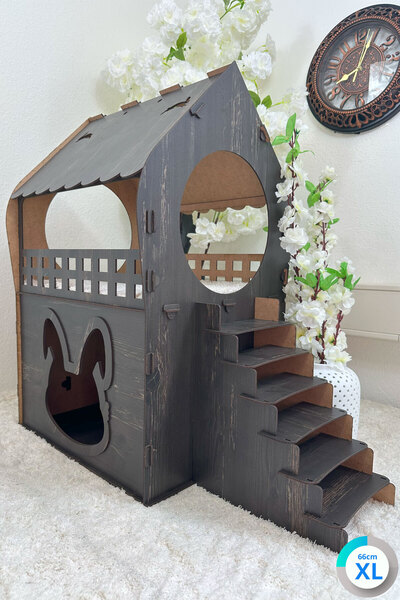 teknomooji XL Tavşan Evi – Koyu Kahverengi MDF, Merdivenli, 2 Katlı, 66×68×38 cm