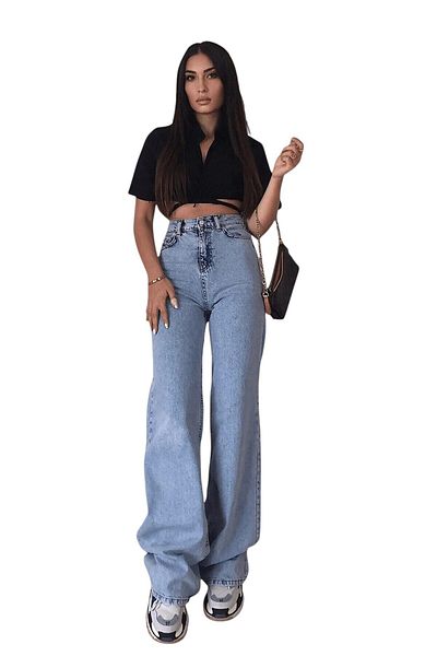 byhaziran butik Wolf Women's Blue Snow Wash High Waist Classic Wide Leg Jeans