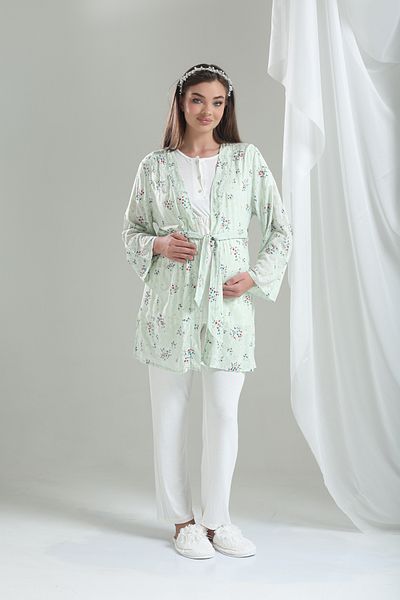 Lohussa Water Green Patterned Special Design 100% Cotton Summer Maternity Maternity Dressing Gown Pajama Set Set
