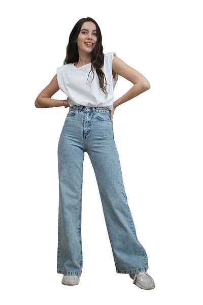 byhaziran butik Pelly Women's Blue Snow Wash High Waist Lycra Wide Leg Jeans