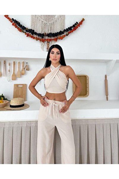 Ekim Store طقم بنطلون بلوزة من الكتان مع ربطة عنق