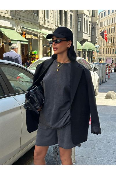 Bliss Set de pantaloni scurți de damă cu fundul negru, model simplu, costum de vară oversize cu croiala confortabilă