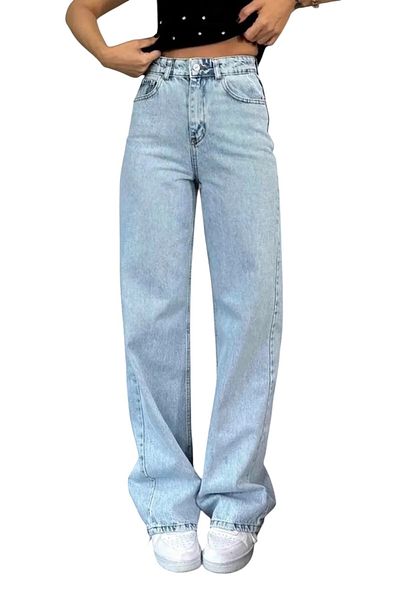 byhaziran butik Rudy Women's Light Blue Snow Wash High Waist Lycra Comfortable 90's Loose Leg Jeans