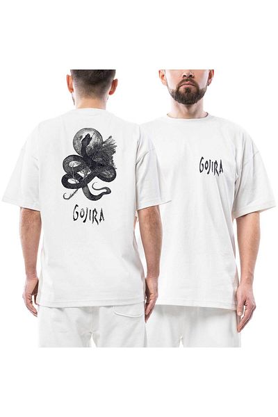Z zepplin Gojira Snake And Moon Μπροστινό Πίσω Τυπωμένο Λευκό Μπλουζάκι Oversize