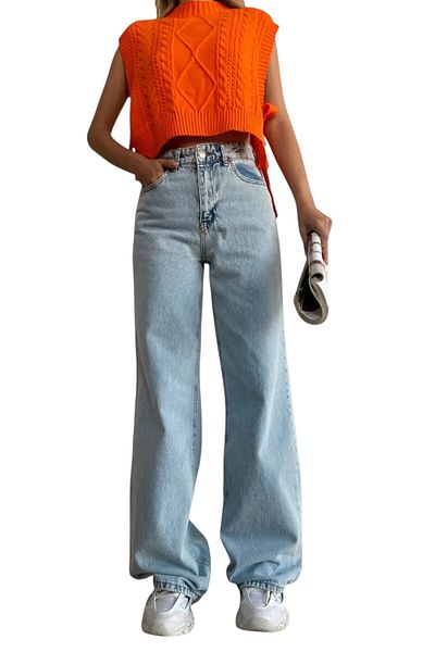 byhaziran butik Cill Women's Light Blue Wash High Waist Denim Fabric Loose Leg Jeans