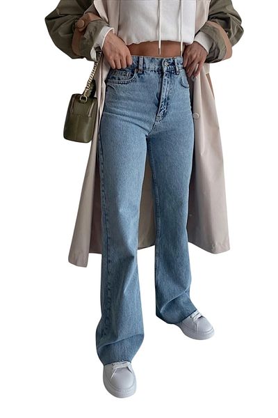 byhaziran butik Colette Women's Blue Snow Wash High Waist Modern Lycra Wide Leg Jeans