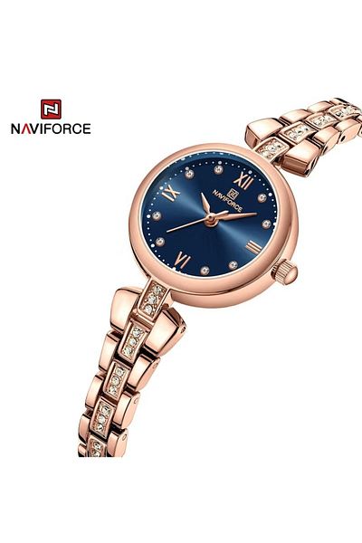 Naviforce Elegant and Luxurious Rose Gold Analog Wrist Watch with Crystal Accents and Blue Dial