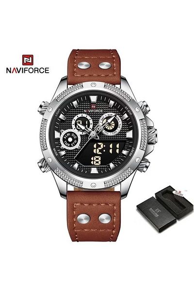 Naviforce Men's Classic Chronograph Analog-Digital– 45mm Black Dial, Leather Strap, Multi-Function, Waterproof