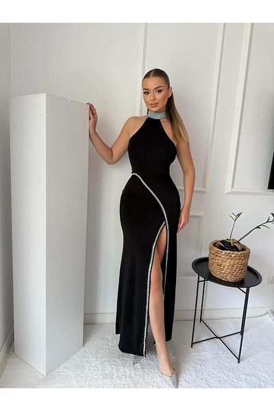 Modafeminen Βραδινό φόρεμα Halter Neck Stone Scuba Μαύρο 583143