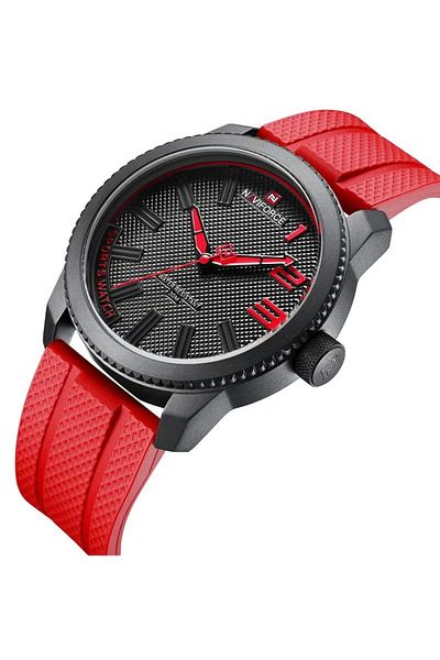 Naviforce Men Black and Red Sports Watch with Rubber Strap Durable Analog Quartz Wristwatch Water Resistant