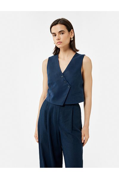 Koton Modal Fabric Asymmetric Cut Button Double Breasted Crop Vest