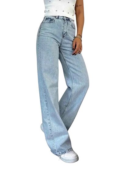 byhaziran butik Cher Women's Blue Snow Wash High Waist Stretchy Classic Wide Leg Jeans