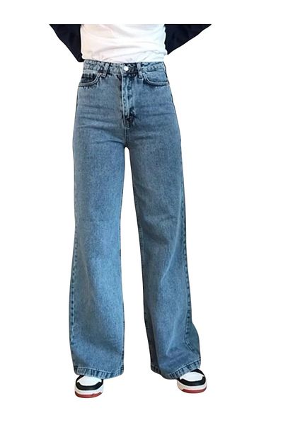 byhaziran butik Raw Light Blue Snow Wash High Waist Stretchy Stylish Wide Leg Jeans