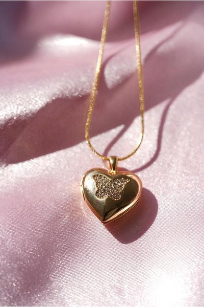 AŞIK ACCESSORIES Stainless Steel Elegant Stone Butterfly Locket Necklace