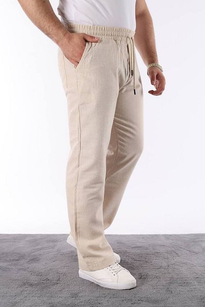 STOCX Men's Beige Color Elastic Waist Relaxed Fit Linen Trousers