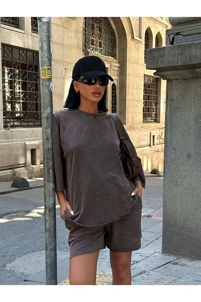 Bliss Γυναικείο κοστούμι με σορτς με πέτρες, καλοκαιρινό κοστούμι υπερμεγέθης άνετη εφαρμογή